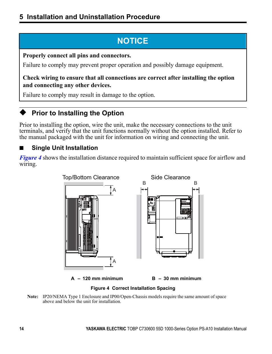 Prior to installing the option, Notice, 5 installation and uninstallation procedure | Yaskawa 1000 Series Drive Option User Manual | Page 14 / 39