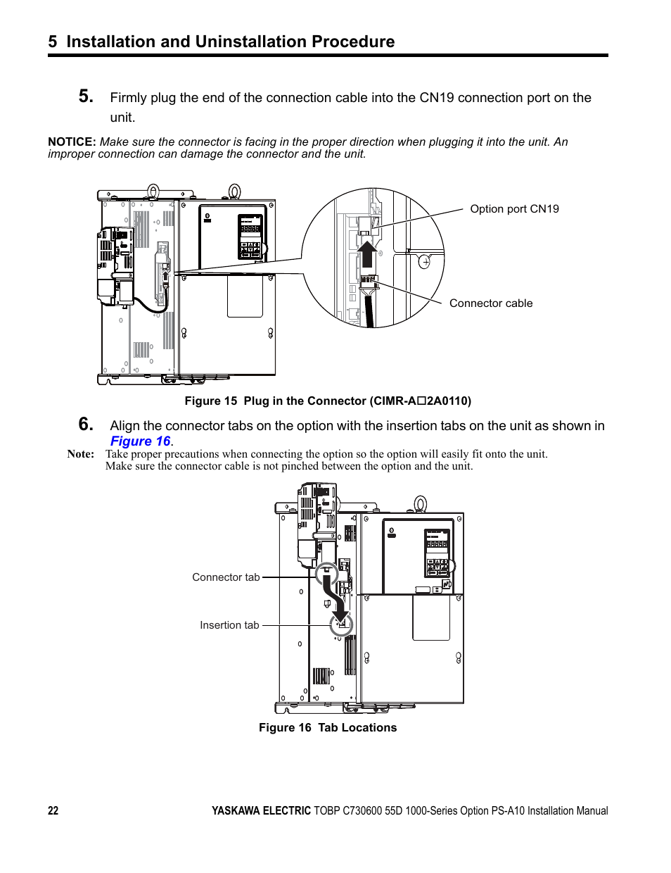 5 installation and uninstallation procedure | Yaskawa 1000 Series Drive Option User Manual | Page 22 / 39