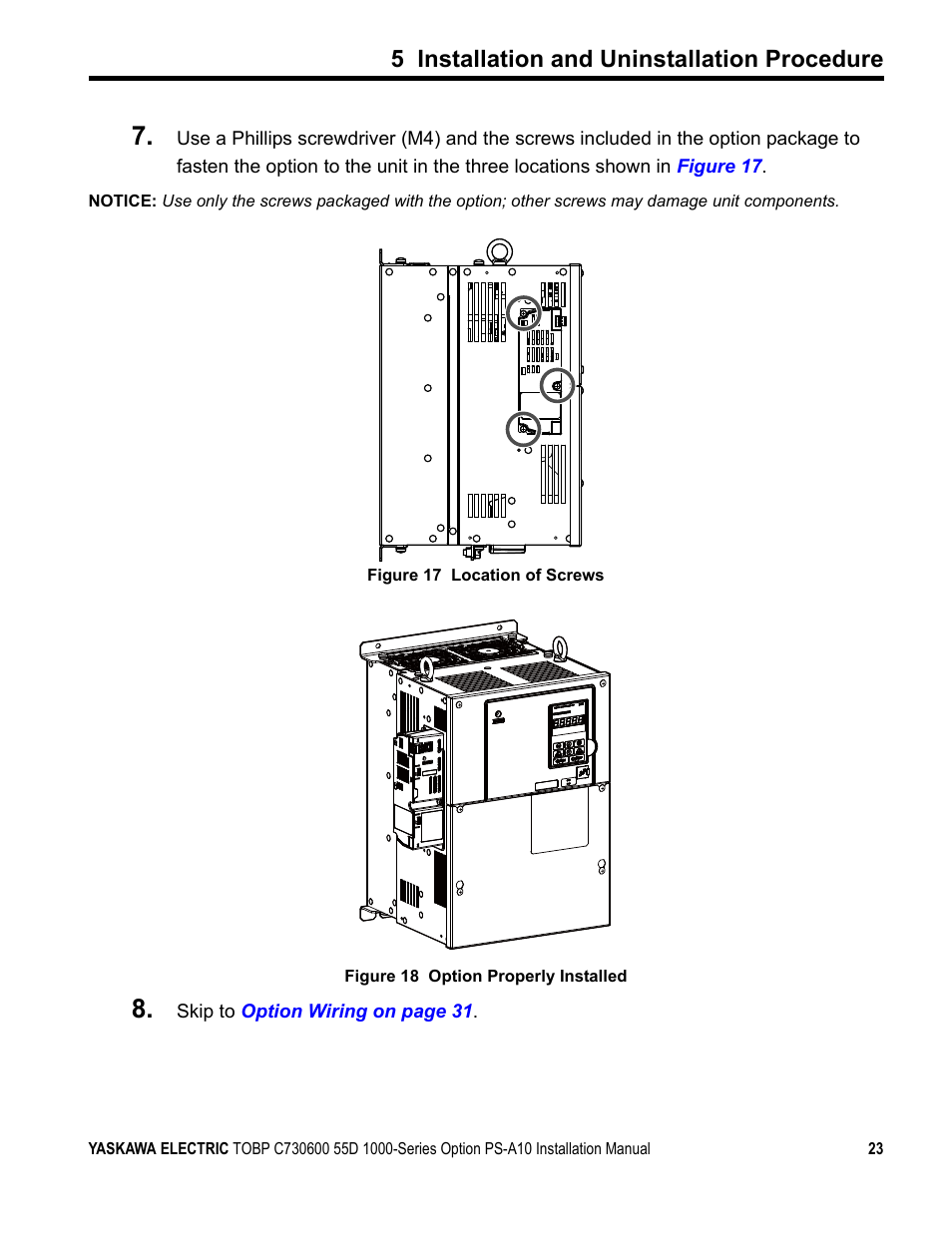 5 installation and uninstallation procedure | Yaskawa 1000 Series Drive Option User Manual | Page 23 / 39