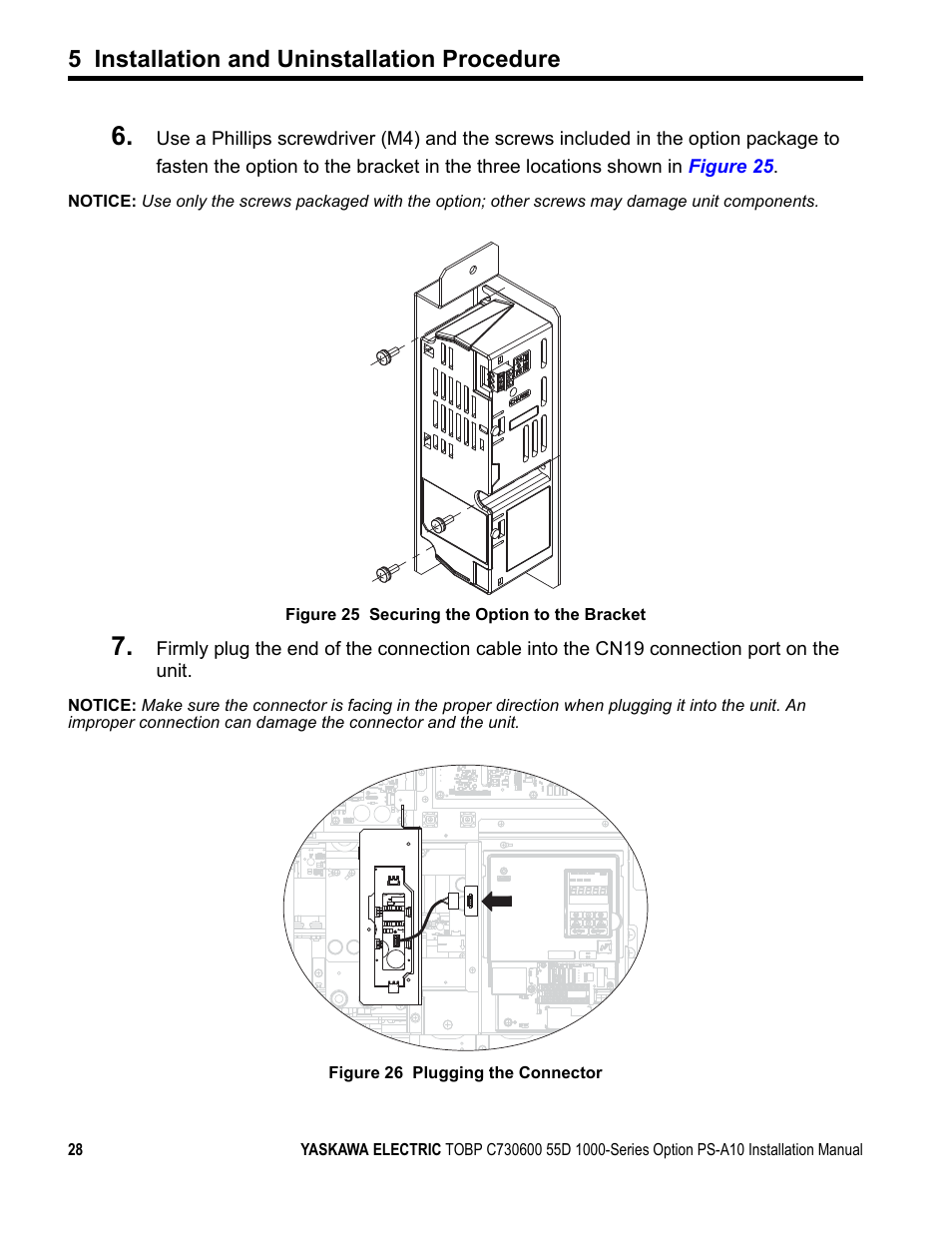 5 installation and uninstallation procedure | Yaskawa 1000 Series Drive Option User Manual | Page 28 / 39