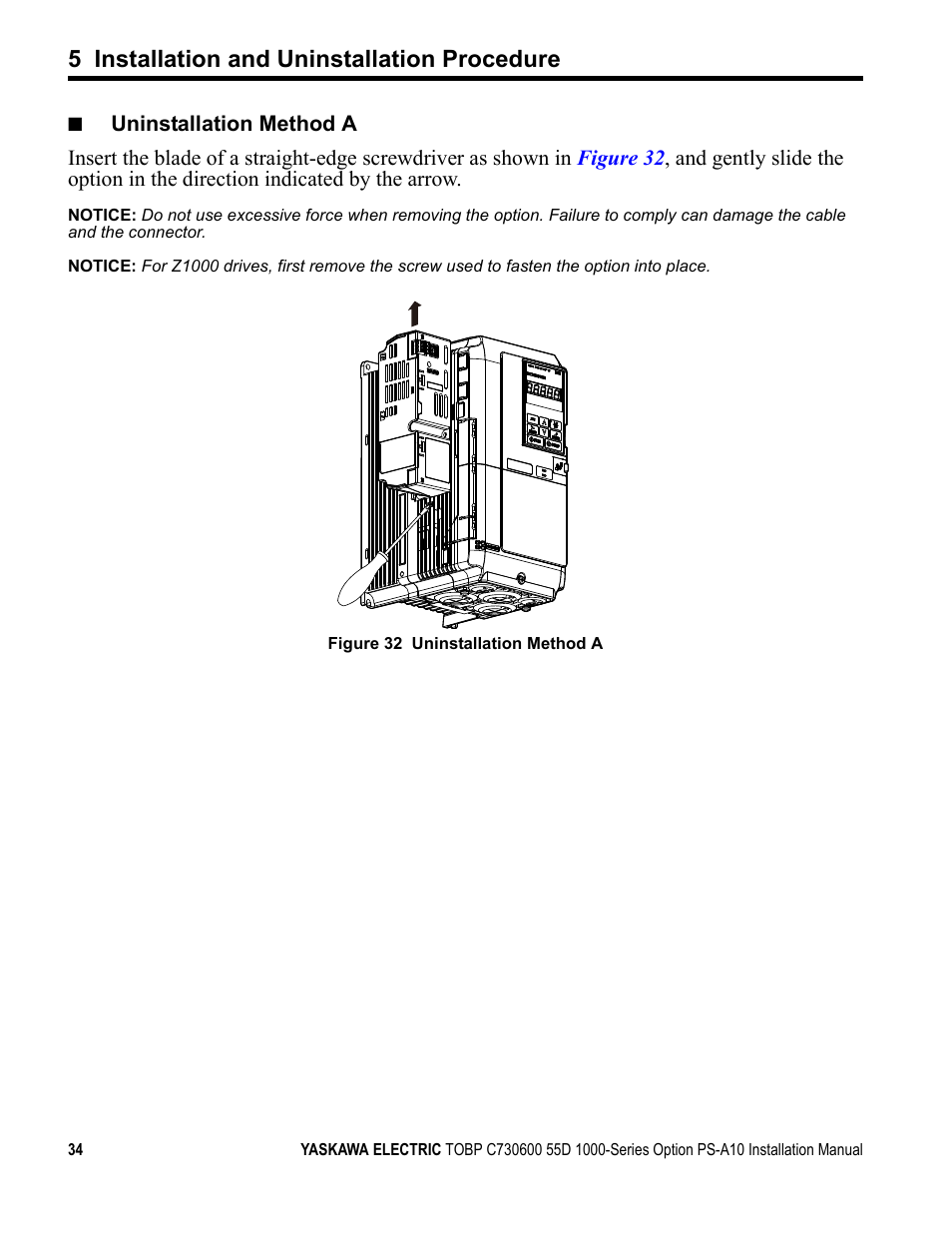 5 installation and uninstallation procedure | Yaskawa 1000 Series Drive Option User Manual | Page 34 / 39