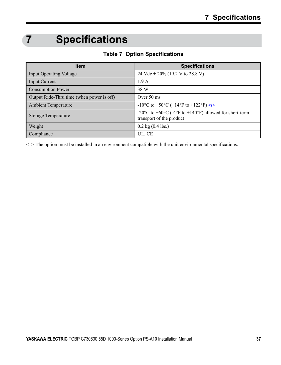 7 specifications, Refer to, 7specifications | Yaskawa 1000 Series Drive Option User Manual | Page 37 / 39