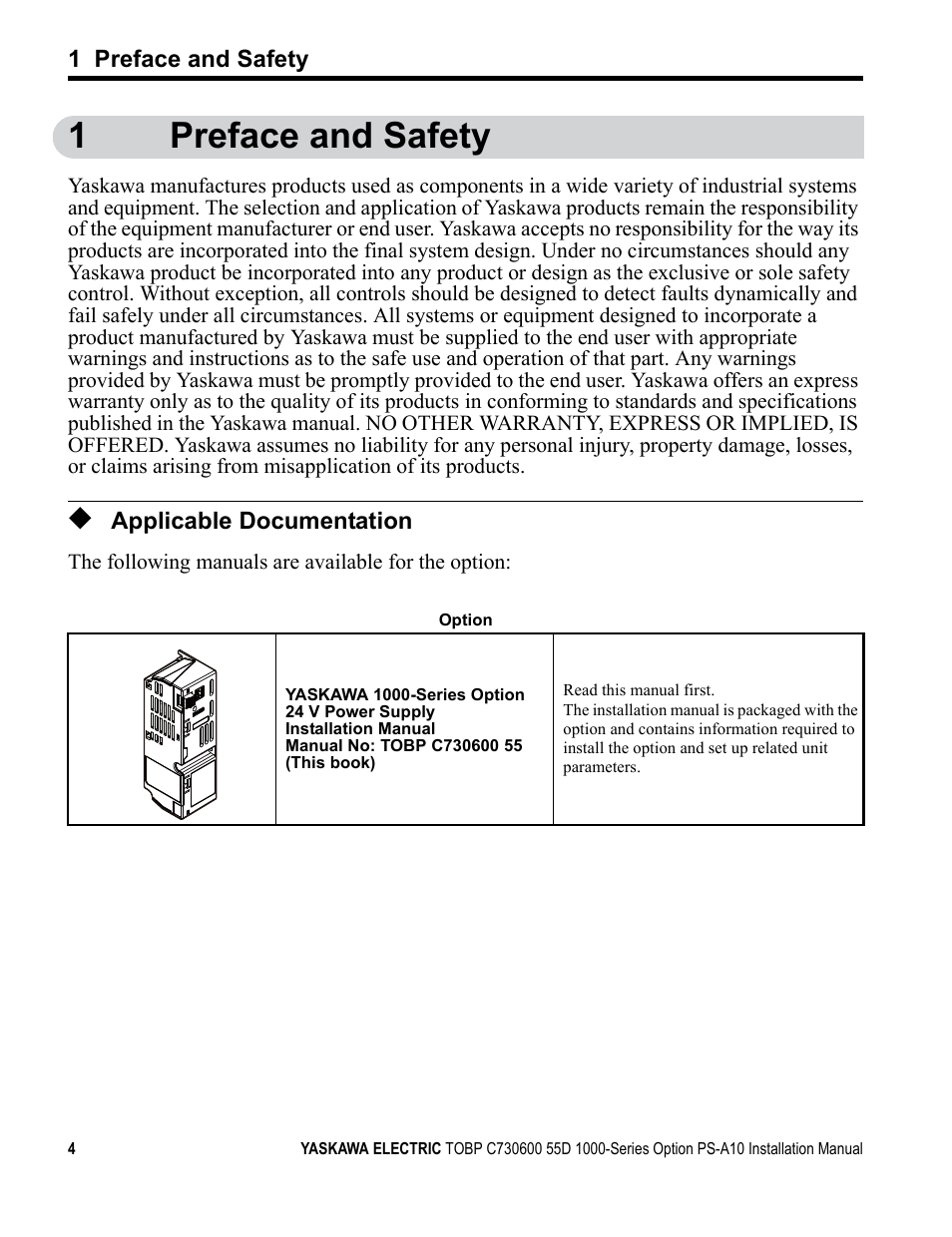 1 preface and safety, Applicable documentation, 1preface and safety | Yaskawa 1000 Series Drive Option User Manual | Page 4 / 39