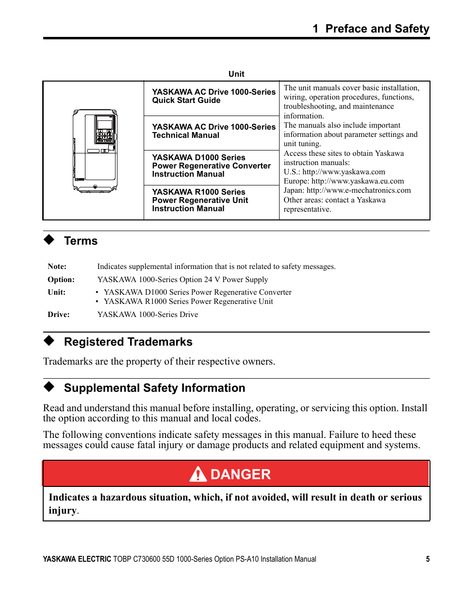 Terms, Registered trademarks, Supplemental safety information | Danger, 1 preface and safety | Yaskawa 1000 Series Drive Option User Manual | Page 5 / 39