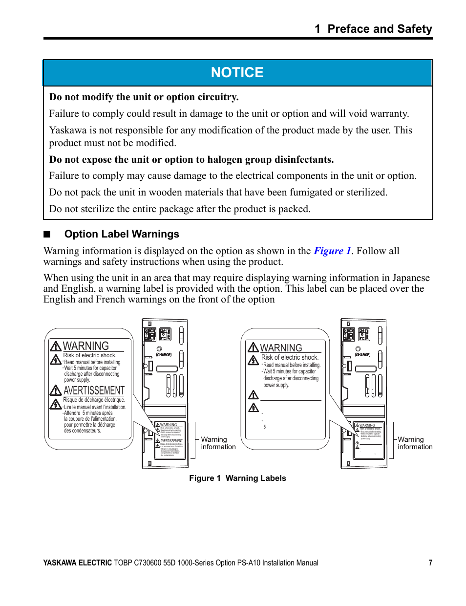 Notice, Warning, Avertissement | 1 preface and safety, Figure 1 warning labels | Yaskawa 1000 Series Drive Option User Manual | Page 7 / 39