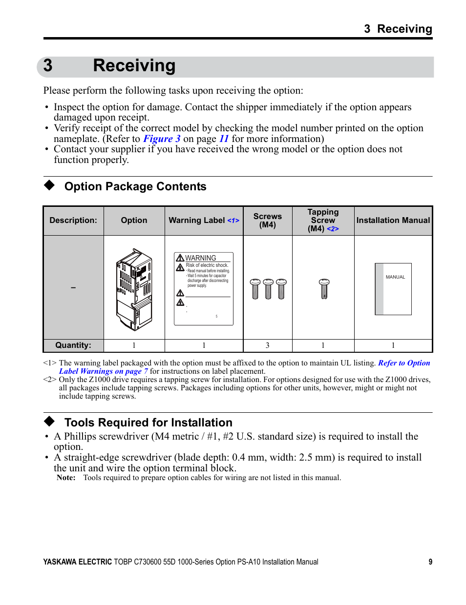 3 receiving, Option package contents, Tools required for installation | 3receiving | Yaskawa 1000 Series Drive Option User Manual | Page 9 / 39