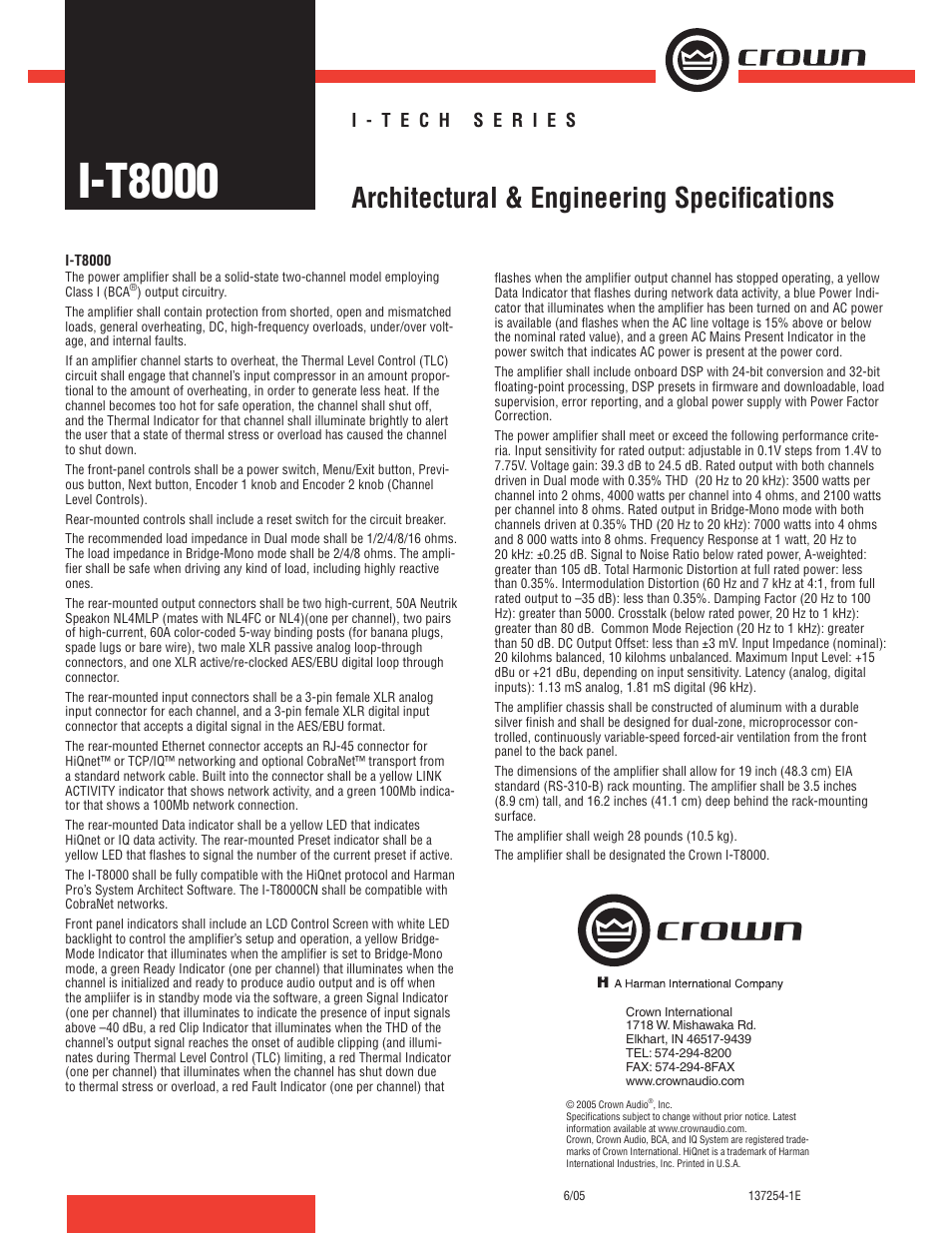 Crown Audio I-T8000 User Manual | 1 page