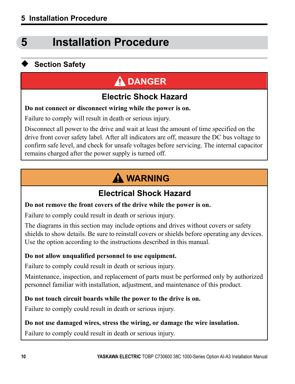 5 installation procedure, Section safety, 5installation procedure | Danger, W arning | Yaskawa 1000 Series Drive Option - Analog Input User Manual | Page 10 / 30
