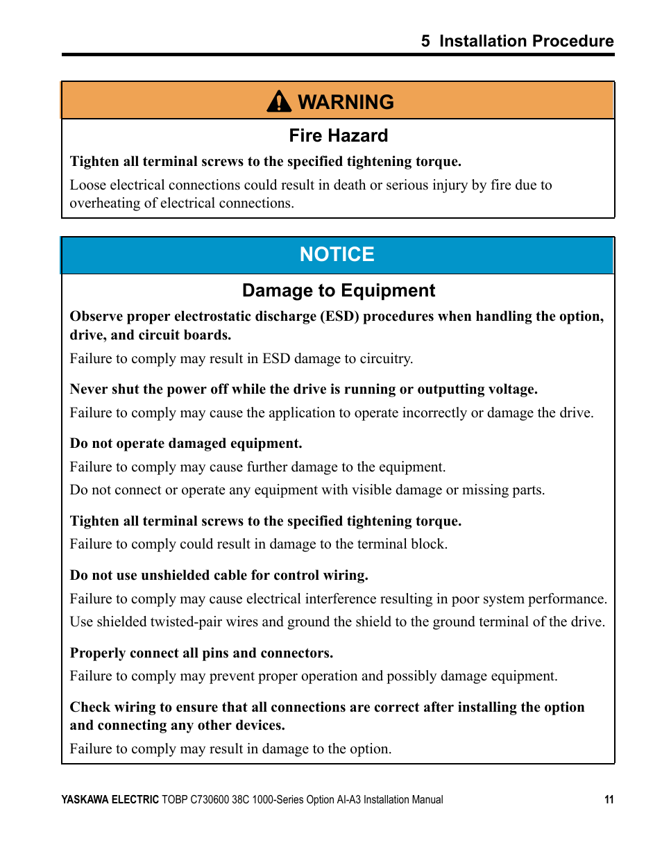 Notice, W arning, Fire hazard | Damage to equipment | Yaskawa 1000 Series Drive Option - Analog Input User Manual | Page 11 / 30