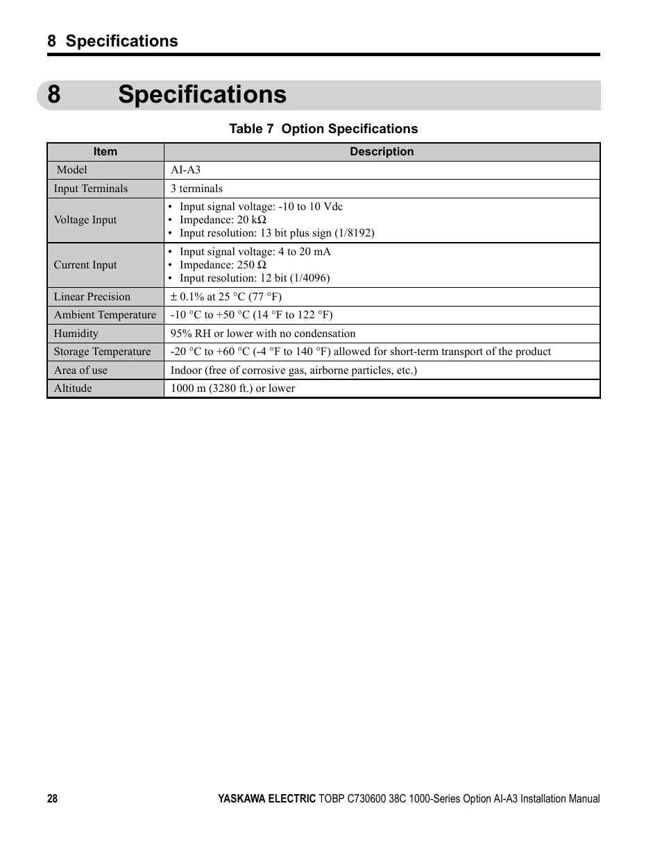 8 specifications, 8specifications | Yaskawa 1000 Series Drive Option - Analog Input User Manual | Page 28 / 30