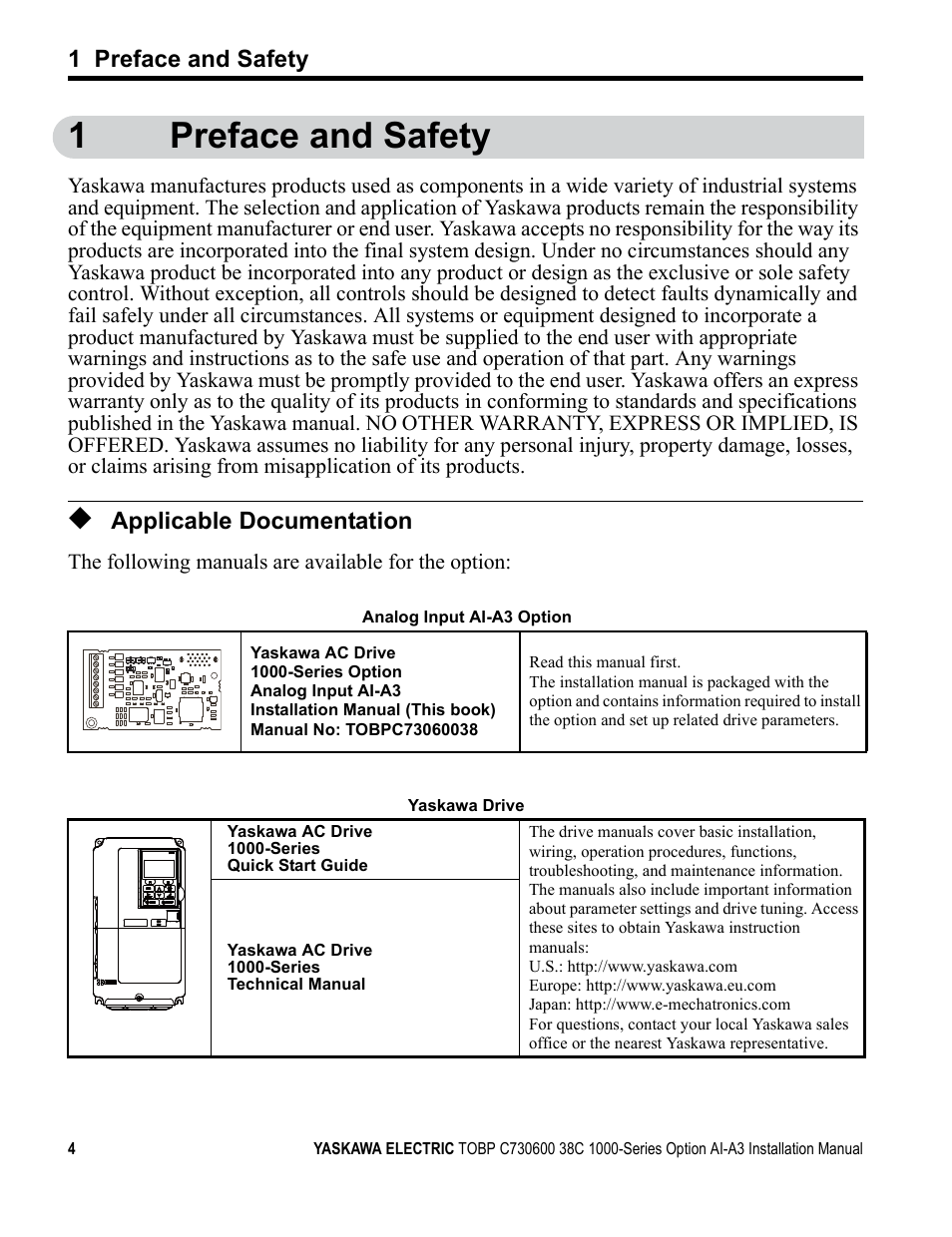 1 preface and safety, Applicable documentation, 1preface and safety | Yaskawa 1000 Series Drive Option - Analog Input User Manual | Page 4 / 30