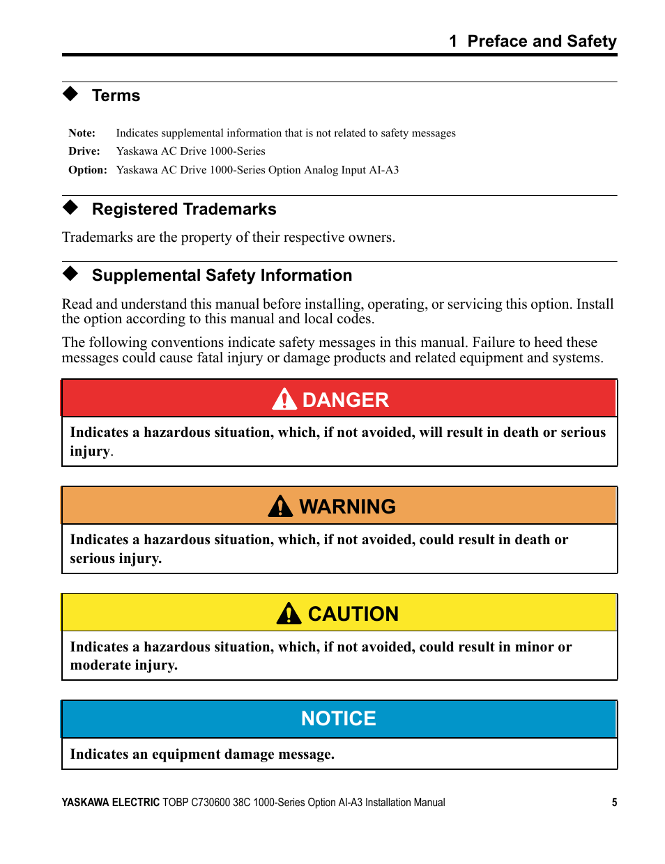 Terms, Registered trademarks, Supplemental safety information | Danger, W arning, Caution, Notice | Yaskawa 1000 Series Drive Option - Analog Input User Manual | Page 5 / 30