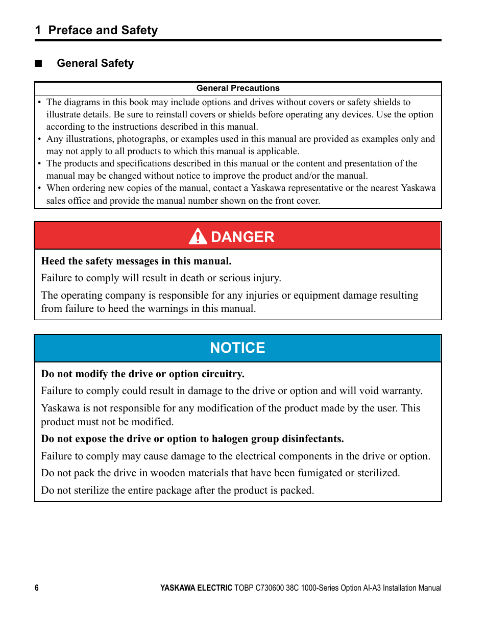 Danger, Notice | Yaskawa 1000 Series Drive Option - Analog Input User Manual | Page 6 / 30
