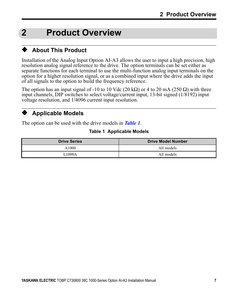 2 product overview, About this product, Applicable models | 2product overview | Yaskawa 1000 Series Drive Option - Analog Input User Manual | Page 7 / 30