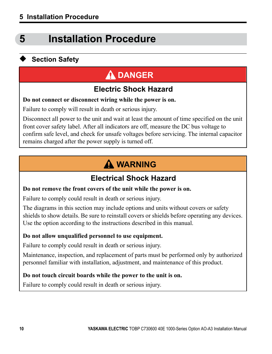 5 installation procedure, Section safety, 5installation procedure | Yaskawa 1000 Series Drive Option - Analog Monitor User Manual | Page 10 / 27