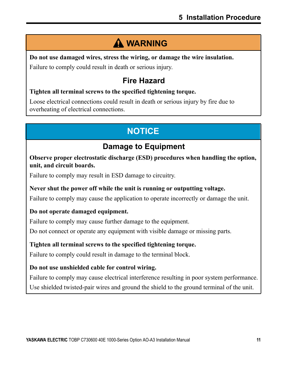 Notice, W arning, Fire hazard | Damage to equipment | Yaskawa 1000 Series Drive Option - Analog Monitor User Manual | Page 11 / 27