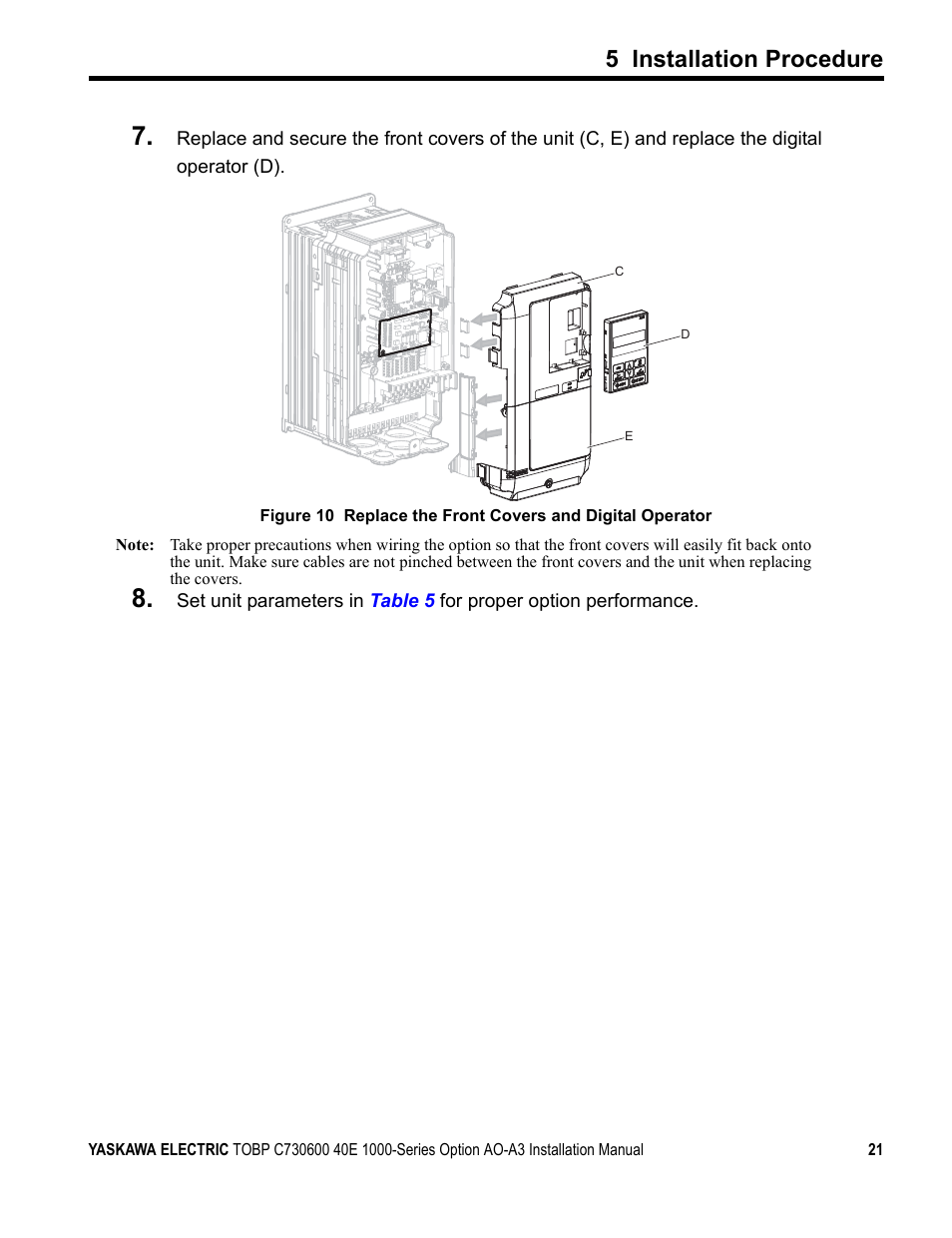 5 installation procedure | Yaskawa 1000 Series Drive Option - Analog Monitor User Manual | Page 21 / 27