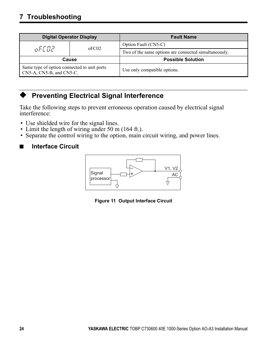 Preventing electrical signal interference, 7 troubleshooting | Yaskawa 1000 Series Drive Option - Analog Monitor User Manual | Page 24 / 27