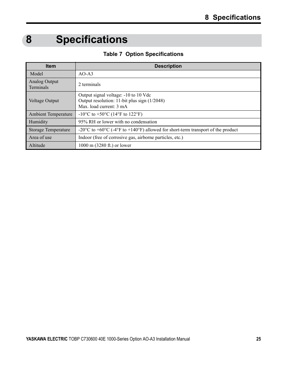 8 specifications, 8specifications | Yaskawa 1000 Series Drive Option - Analog Monitor User Manual | Page 25 / 27