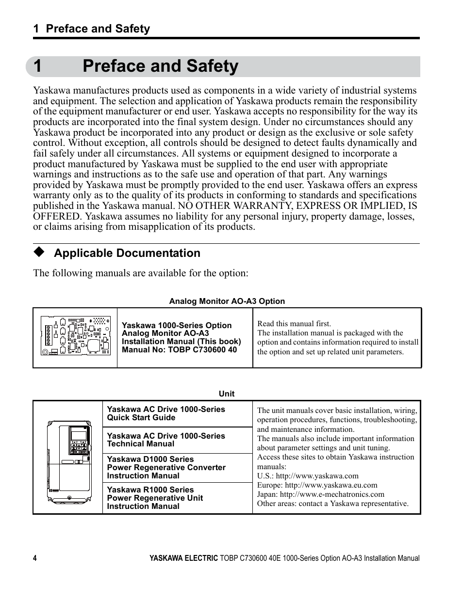 1 preface and safety, Applicable documentation, 1preface and safety | Yaskawa 1000 Series Drive Option - Analog Monitor User Manual | Page 4 / 27