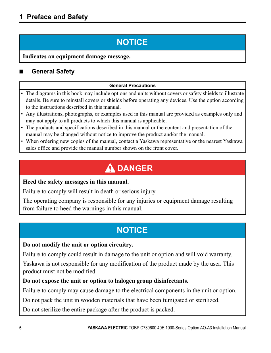 Notice, Danger | Yaskawa 1000 Series Drive Option - Analog Monitor User Manual | Page 6 / 27