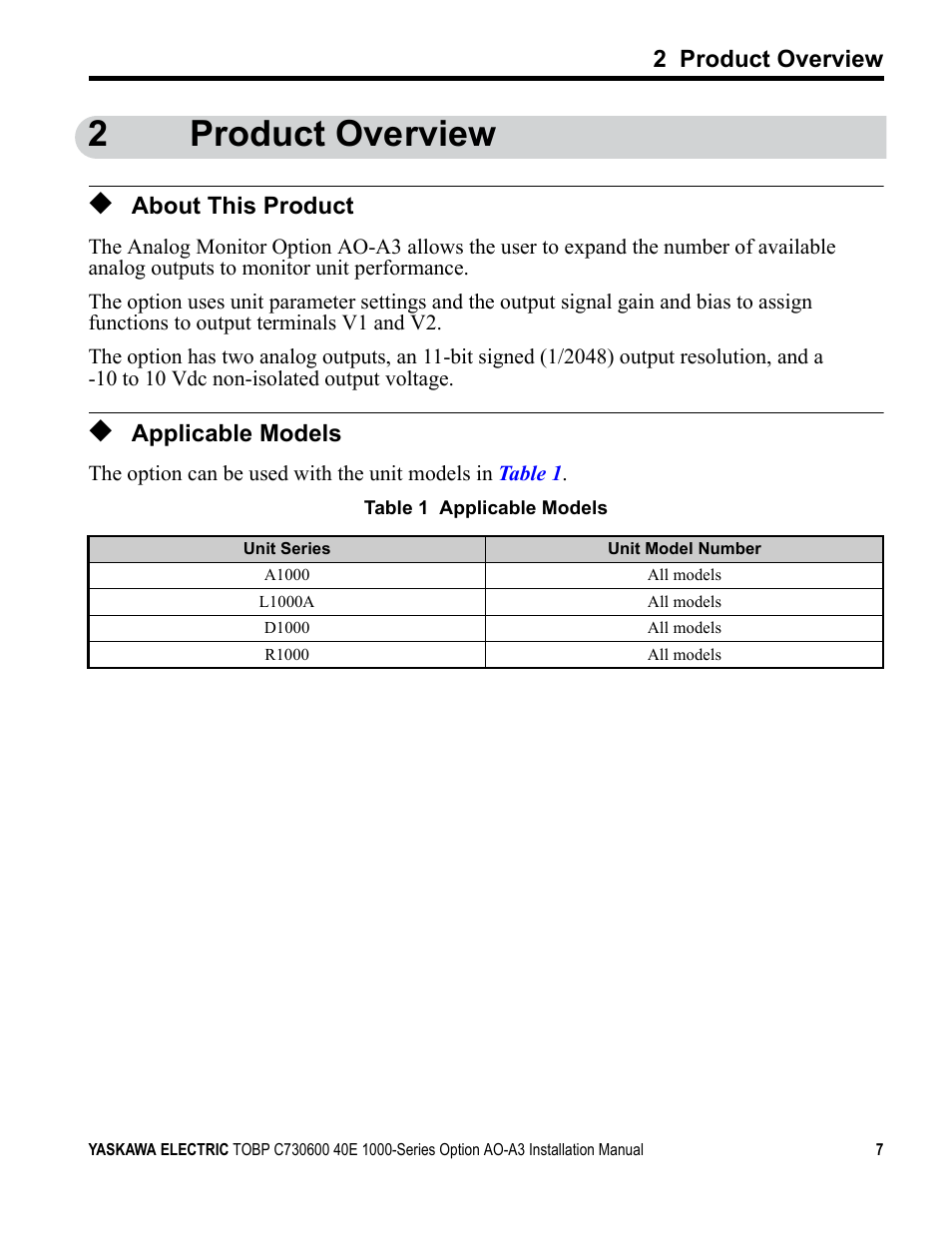 2 product overview, About this product, Applicable models | 2product overview | Yaskawa 1000 Series Drive Option - Analog Monitor User Manual | Page 7 / 27