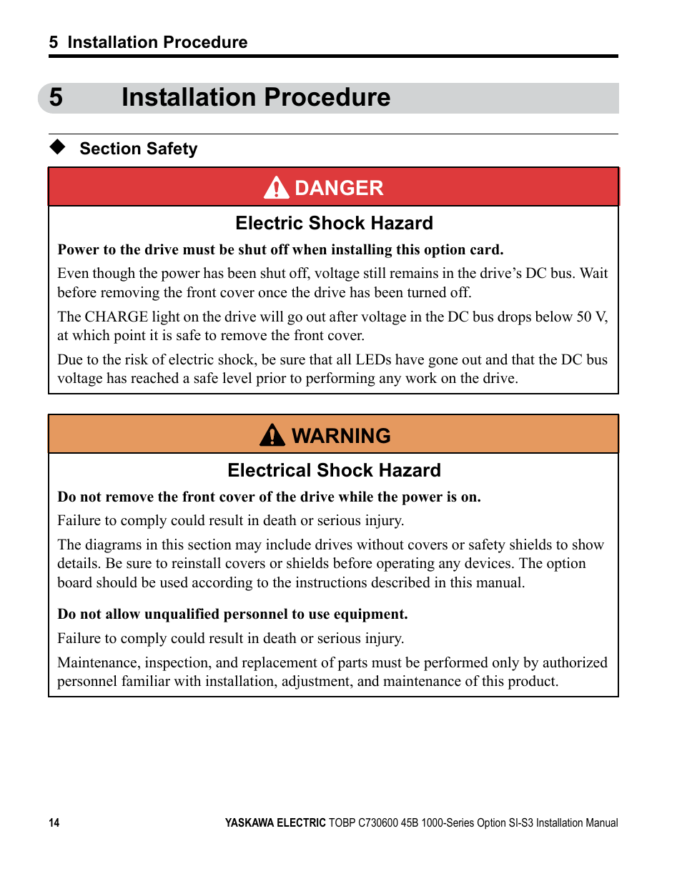 5 installation procedure, Section safety, 5installation procedure | Yaskawa 1000 Series Drive Option - CANopen Installation User Manual | Page 14 / 39