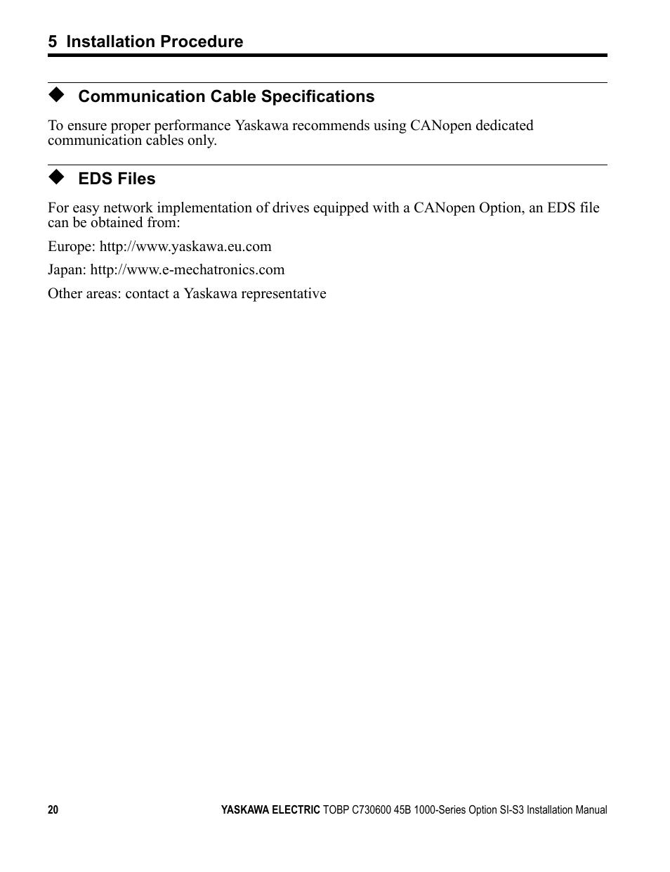 Communication cable specifications, Eds files | Yaskawa 1000 Series Drive Option - CANopen Installation User Manual | Page 20 / 39