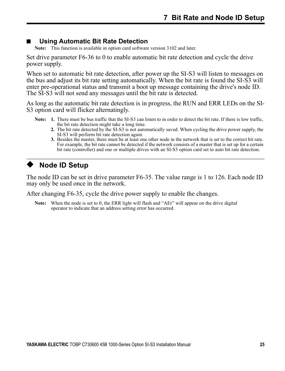 Node id setup, 7 bit rate and node id setup | Yaskawa 1000 Series Drive Option - CANopen Installation User Manual | Page 25 / 39