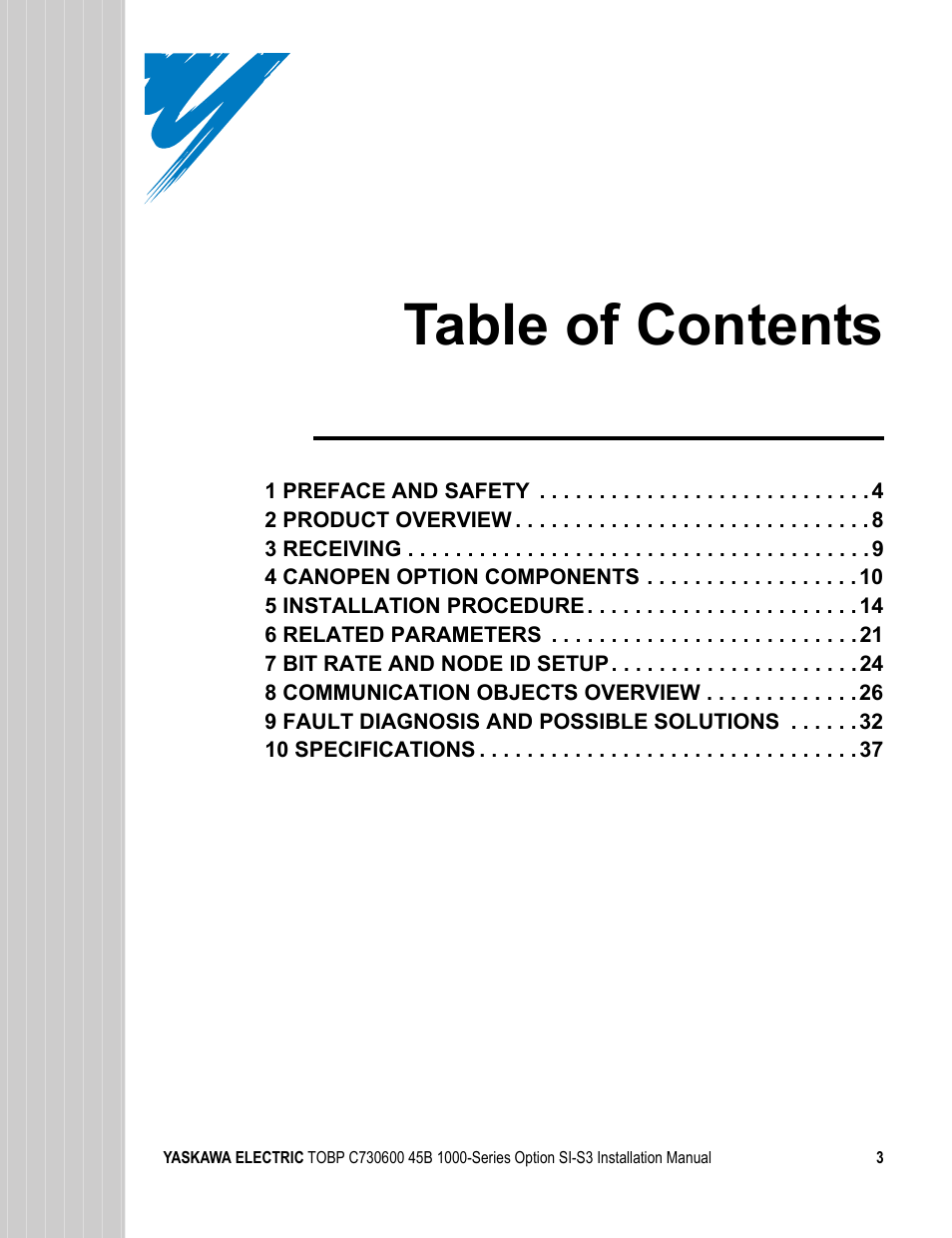 Yaskawa 1000 Series Drive Option - CANopen Installation User Manual | Page 3 / 39