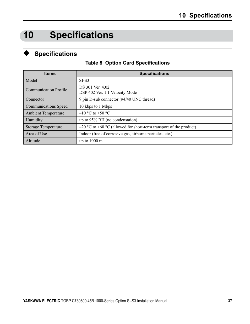 10 specifications, Specifications | Yaskawa 1000 Series Drive Option - CANopen Installation User Manual | Page 37 / 39