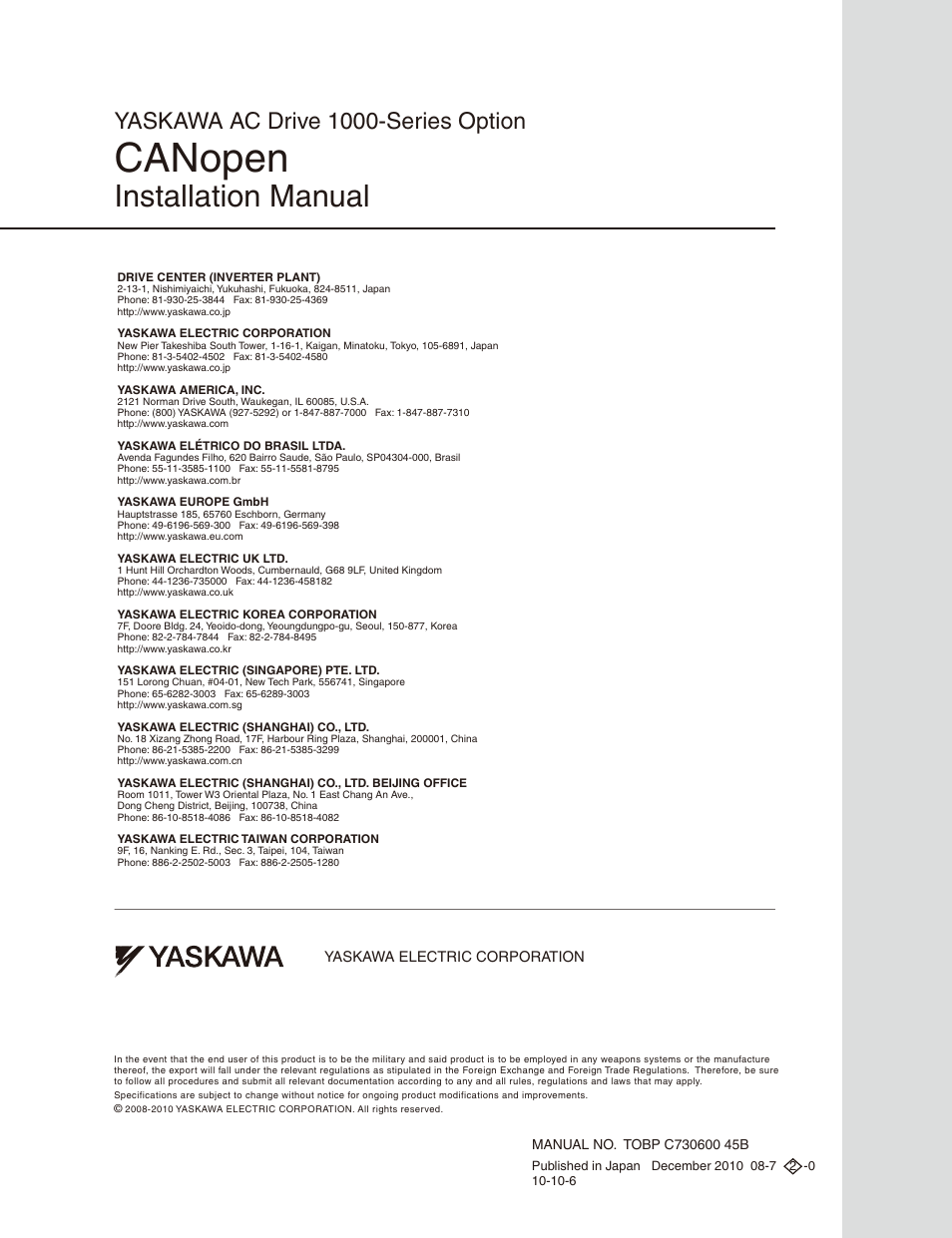 Back cover, Canopen, Installation manual | Yaskawa ac drive 1000-series option | Yaskawa 1000 Series Drive Option - CANopen Installation User Manual | Page 39 / 39