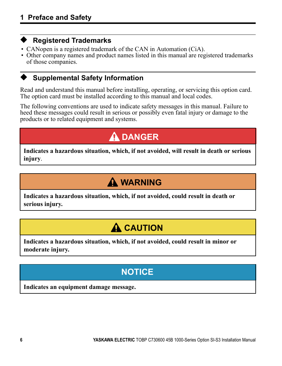 Registered trademarks, Supplemental safety information, Danger | W arning, Caution, Notice | Yaskawa 1000 Series Drive Option - CANopen Installation User Manual | Page 6 / 39