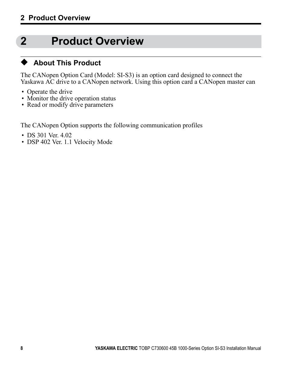 2 product overview, About this product, 2product overview | Yaskawa 1000 Series Drive Option - CANopen Installation User Manual | Page 8 / 39