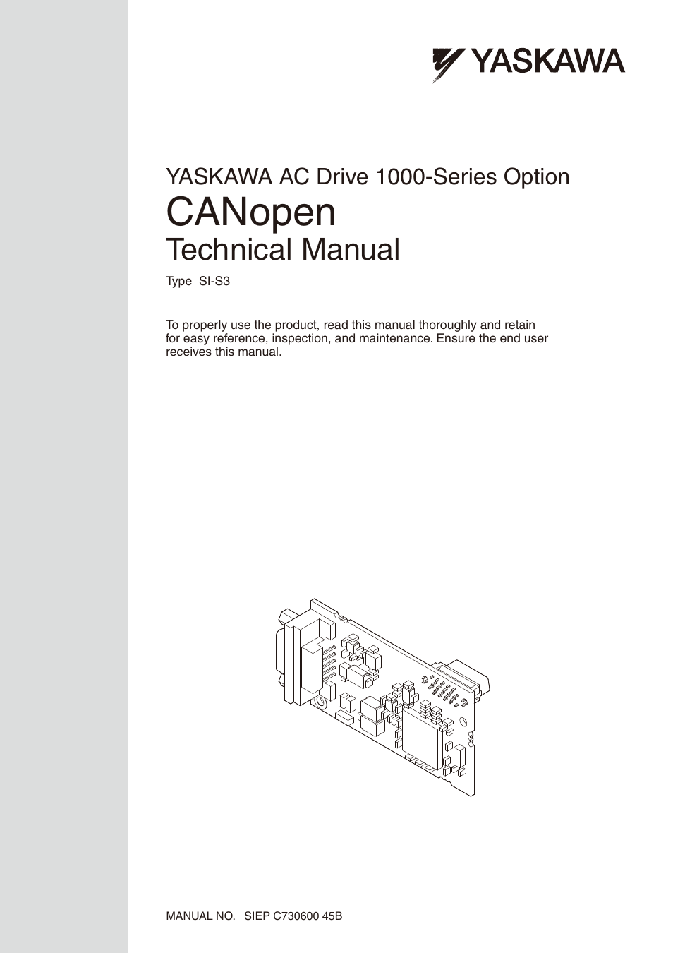 Yaskawa 1000 Series Drive Option - CANopen Technical Manual User Manual | 37 pages
