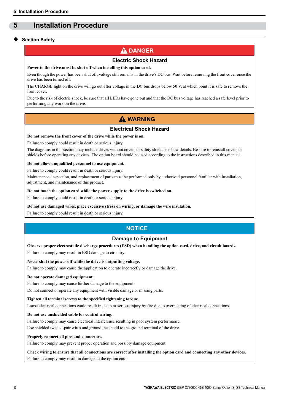 5 installation procedure, Section safety, 5installation procedure | Yaskawa 1000 Series Drive Option - CANopen Technical Manual User Manual | Page 10 / 37