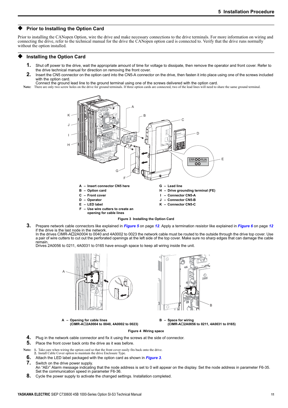 Prior to installing the option card, Installing the option card | Yaskawa 1000 Series Drive Option - CANopen Technical Manual User Manual | Page 11 / 37