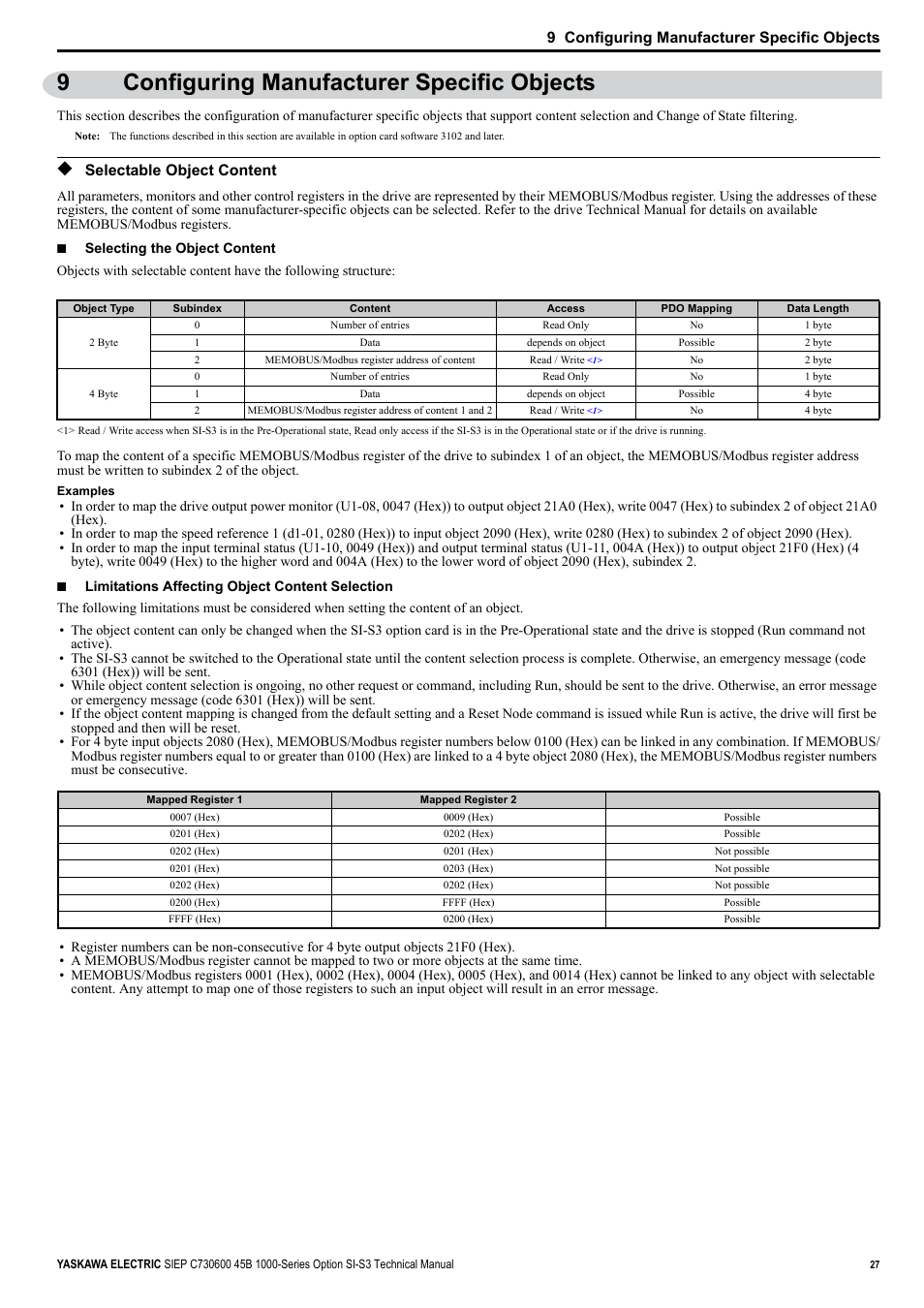 9 configuring manufacturer specific objects, Selectable object content, Selecting the object content | 9configuring manufacturer specific objects | Yaskawa 1000 Series Drive Option - CANopen Technical Manual User Manual | Page 27 / 37