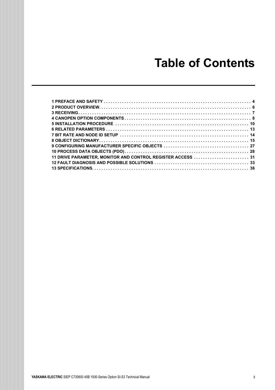 Yaskawa 1000 Series Drive Option - CANopen Technical Manual User Manual | Page 3 / 37