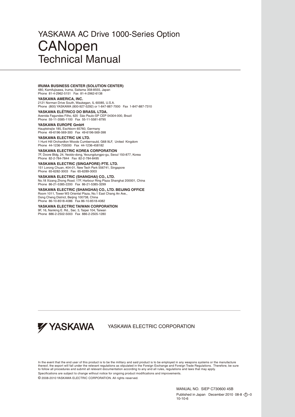 Back cover, Canopen, Technical manual | Yaskawa ac drive 1000-series option, 英文 no.9-5 (a4) モーションコントロール事業部用 新ci | Yaskawa 1000 Series Drive Option - CANopen Technical Manual User Manual | Page 37 / 37