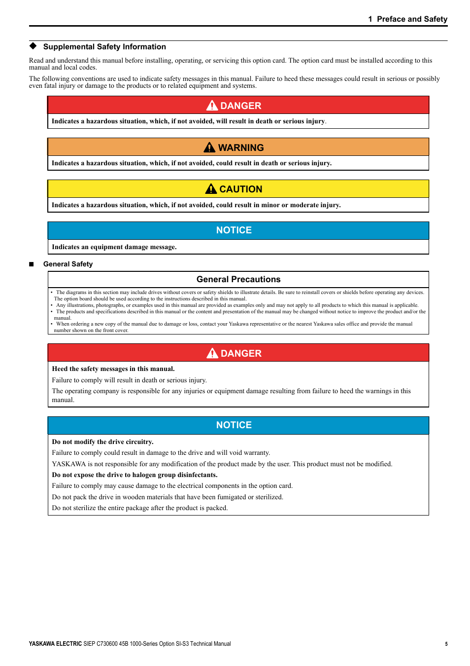 Supplemental safety information, Danger, W arning | Caution, Notice | Yaskawa 1000 Series Drive Option - CANopen Technical Manual User Manual | Page 5 / 37