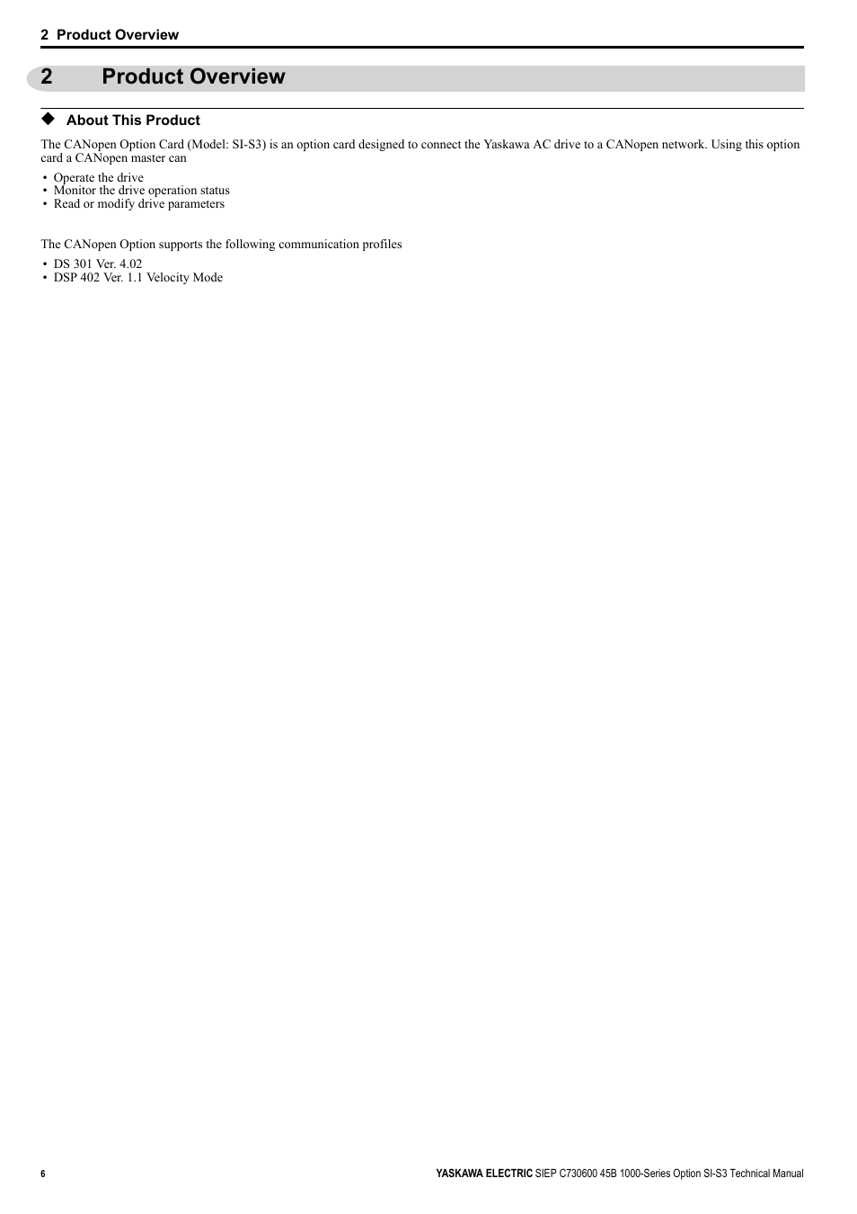 2 product overview, About this product, 2product overview | Yaskawa 1000 Series Drive Option - CANopen Technical Manual User Manual | Page 6 / 37