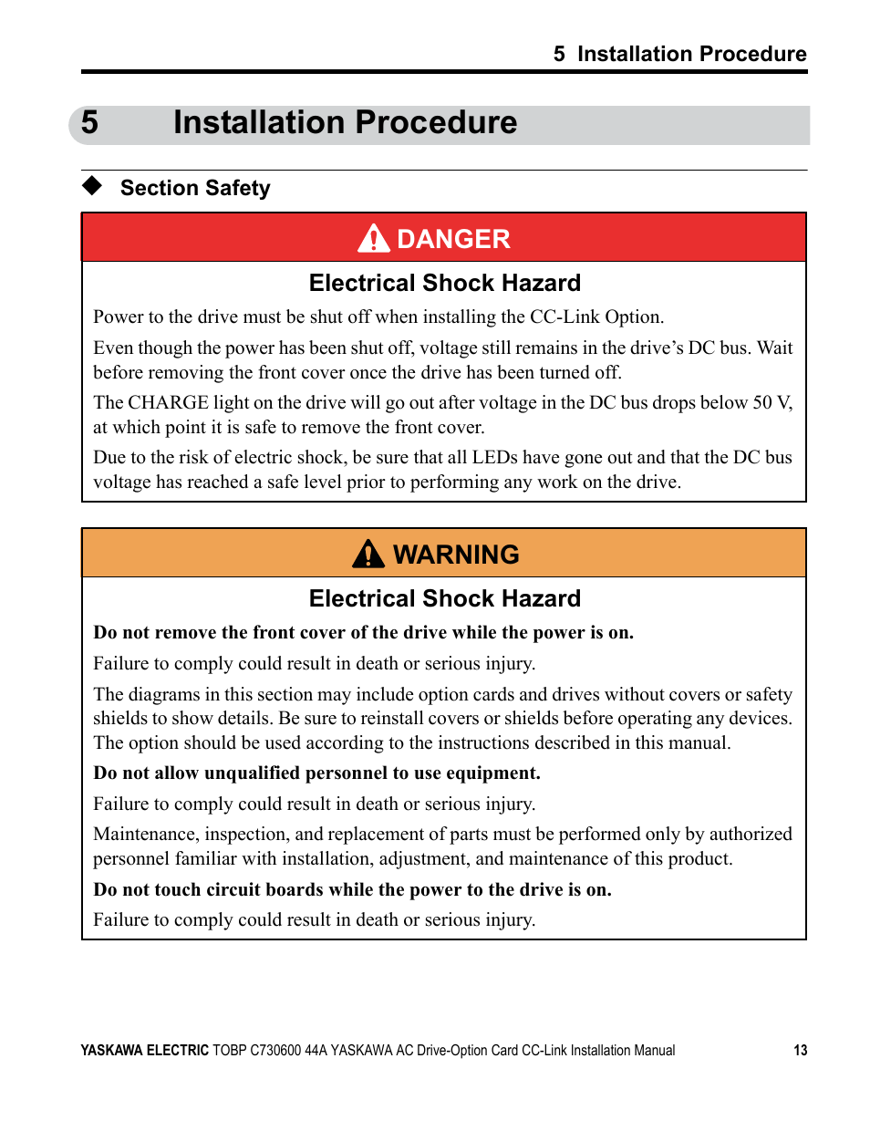 5 installation procedure, Section safety, 5installation procedure | Yaskawa 1000 Series Drive Option - CC-Link Installation User Manual | Page 13 / 38