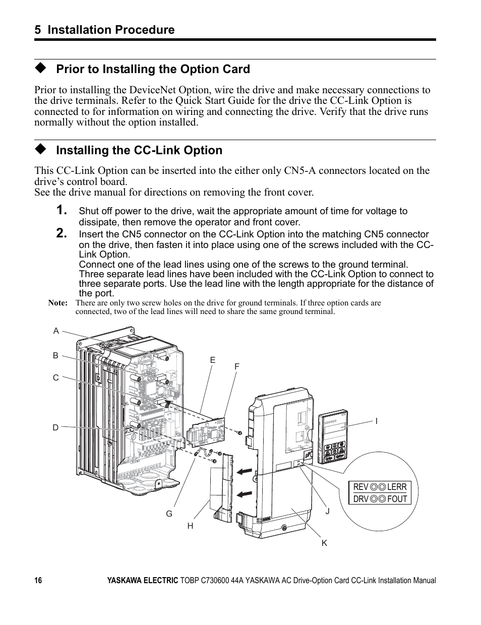 Prior to installing the option card, Installing the cc-link option, 5 installation procedure | Yaskawa 1000 Series Drive Option - CC-Link Installation User Manual | Page 16 / 38
