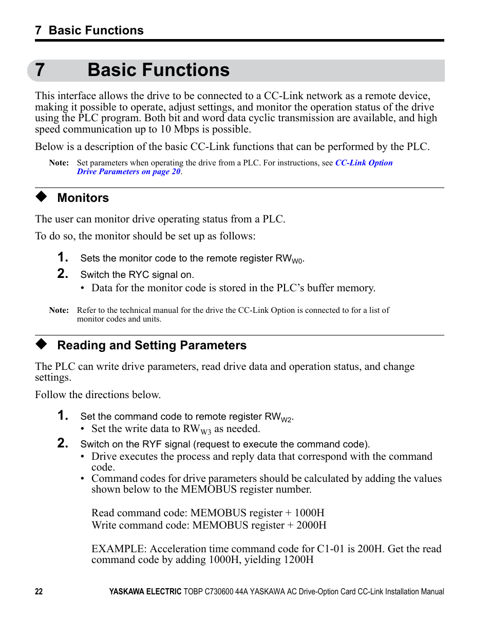 7 basic functions, Monitors, Reading and setting parameters | 7basic functions | Yaskawa 1000 Series Drive Option - CC-Link Installation User Manual | Page 22 / 38