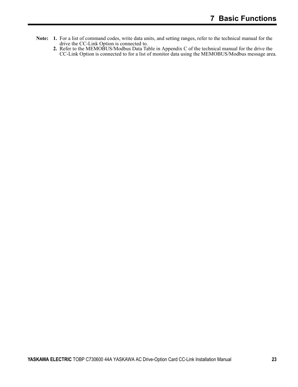 7 basic functions | Yaskawa 1000 Series Drive Option - CC-Link Installation User Manual | Page 23 / 38