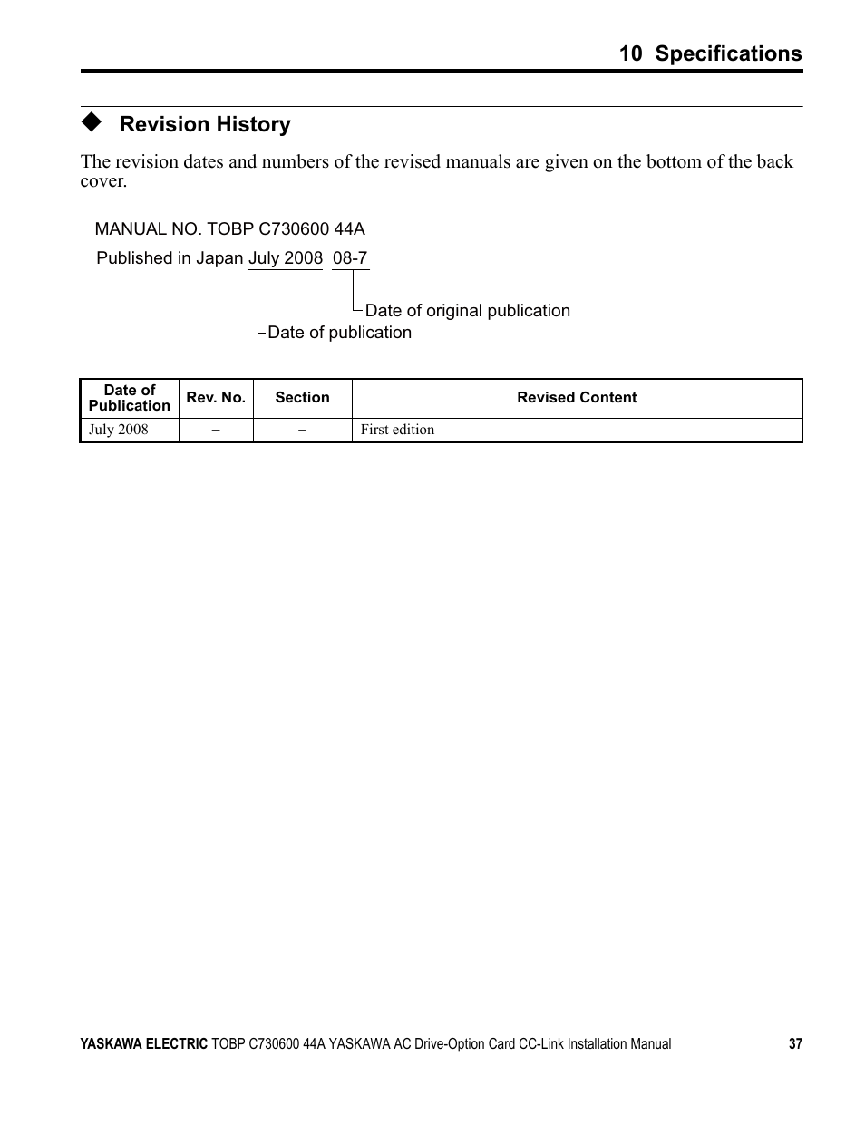 Revision history, 10 specifications | Yaskawa 1000 Series Drive Option - CC-Link Installation User Manual | Page 37 / 38