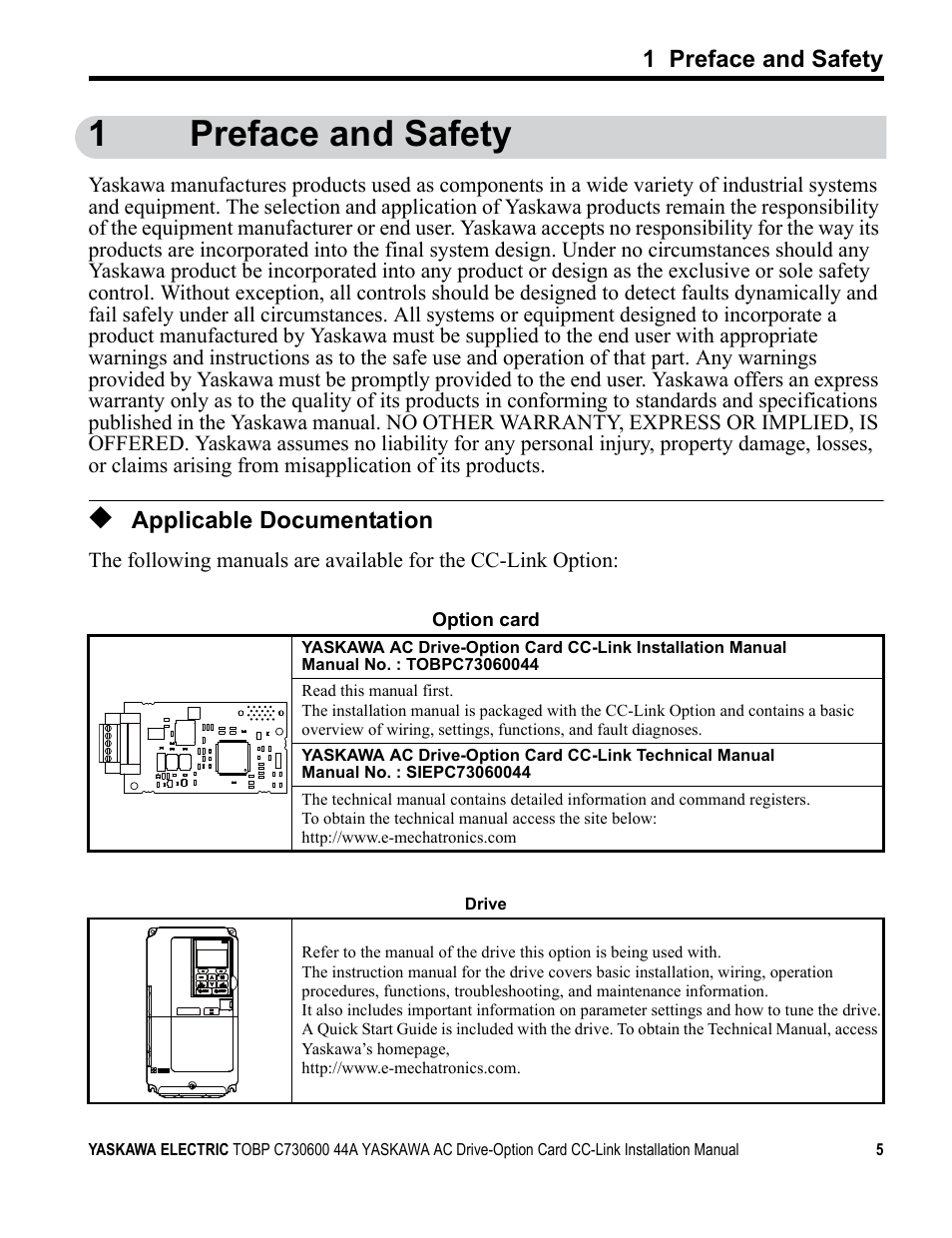 1 preface and safety, Applicable documentation, 1preface and safety | Yaskawa 1000 Series Drive Option - CC-Link Installation User Manual | Page 5 / 38