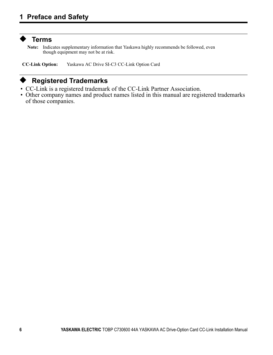 Terms, Registered trademarks | Yaskawa 1000 Series Drive Option - CC-Link Installation User Manual | Page 6 / 38