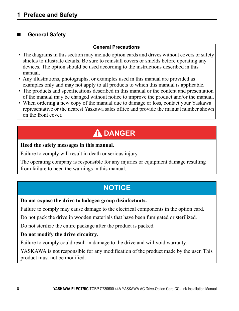 Danger, Notice | Yaskawa 1000 Series Drive Option - CC-Link Installation User Manual | Page 8 / 38